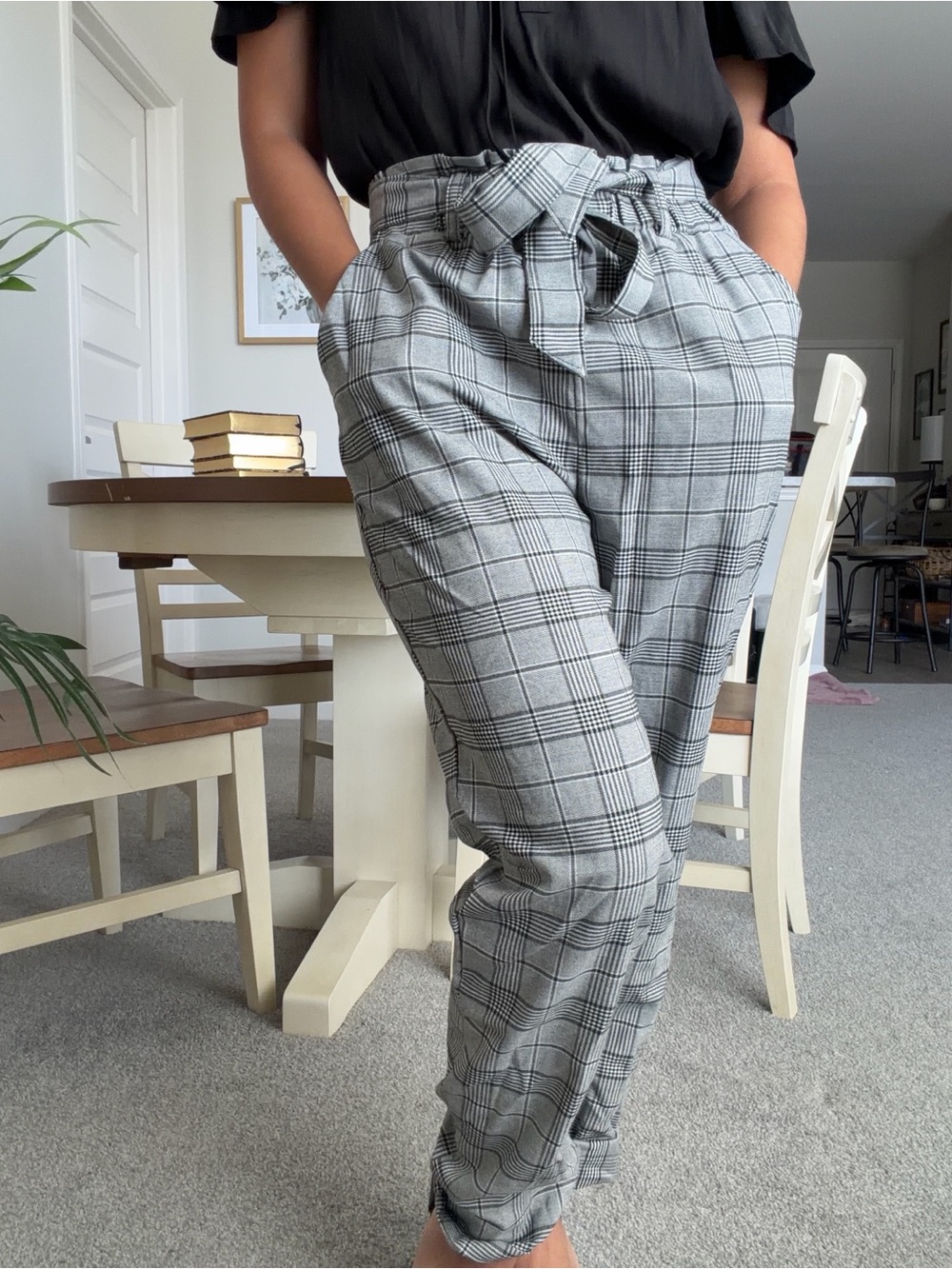 SO Gray Plaid Paperbag Waist Joggers with Tie
